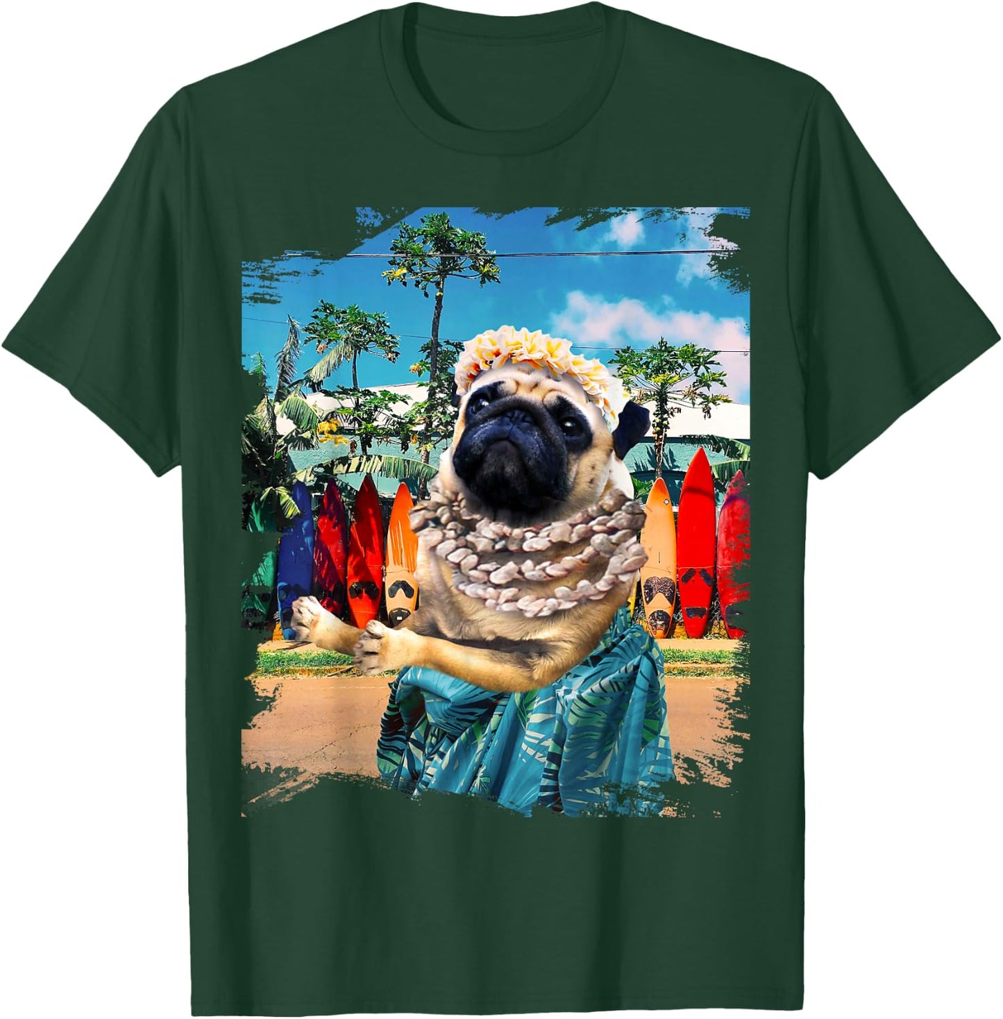 Cute Aloha Pug Hawaiian - , Small, Black, Short Sleeve, Cotton 100% T-Shirt - T-Shirt | Forest