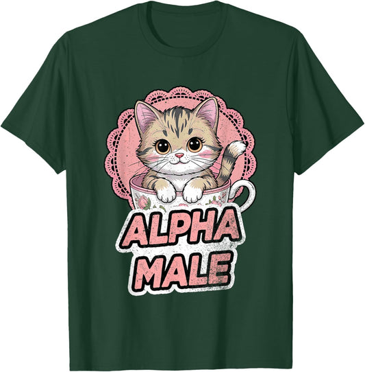 Cat Kitten Alpha Male Vintage floral tea cup pink lace doily T-Shirt - T-Shirt | Forest