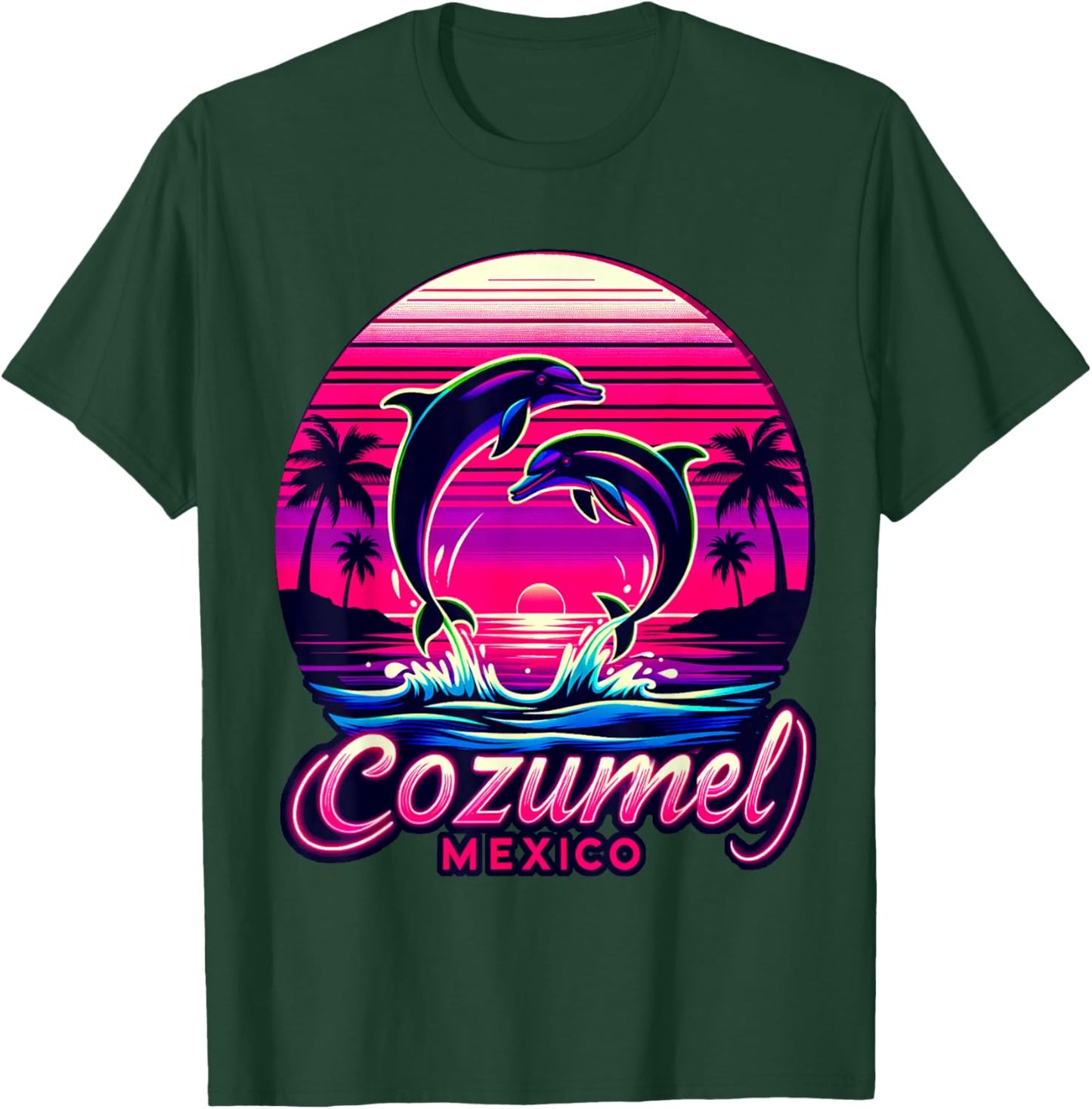 Cozumel Mexico with Palm Trees, Sunset and Dolphins T-Shirt - T-Shirt | Forest