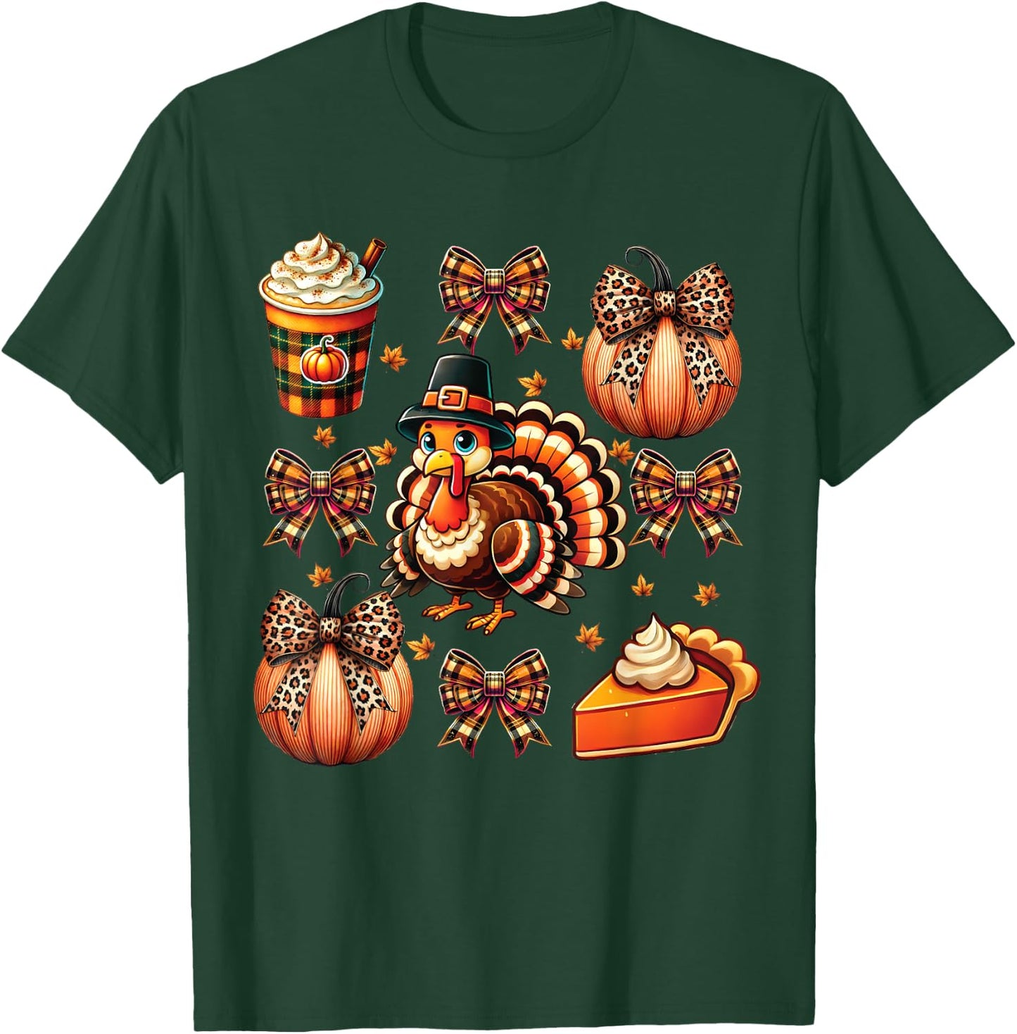 Turkey Drinking Coffee Bow Thanksgiving Turkey Day T-Shirt - T-Shirt | Forest