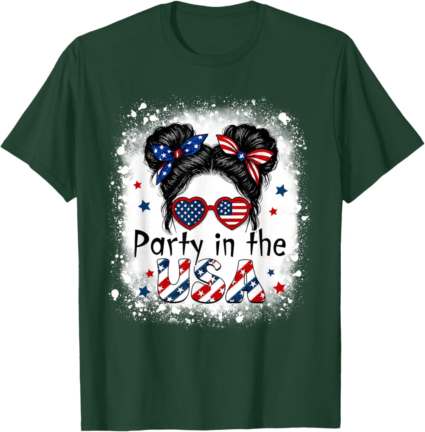 Party In USA Girls 4th of July Shirt Daughter Messy Bun USA T-Shirt - T-Shirt | Forest