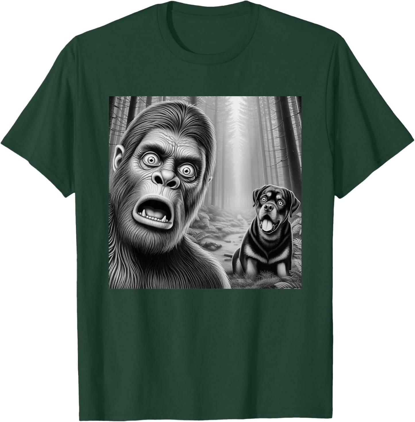 Surprised Bigfoot selfie with rottweiler sasquatch funny T-Shirt - T-Shirt | Forest