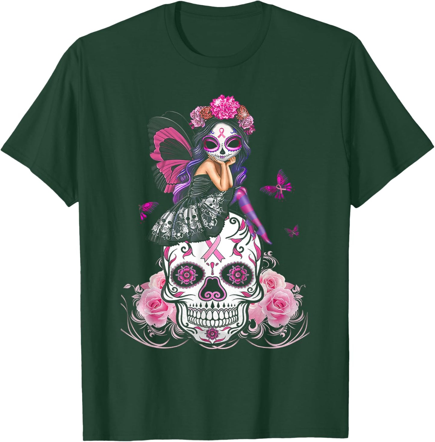 Fairy Sugar Skull Breast Cancer Butterfly Pink Ribbon Woman T-Shirt - T-Shirt | Forest