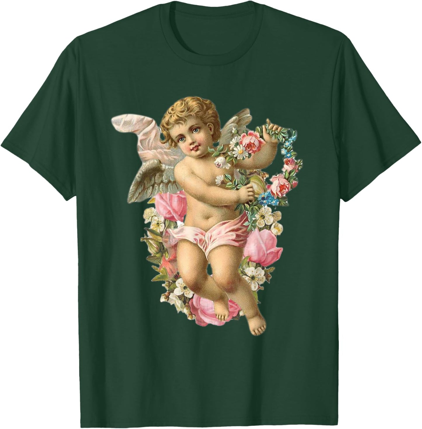 Angelic Vintage Cherub with Daisies & Pink roses T-Shirt - T-Shirt | Forest