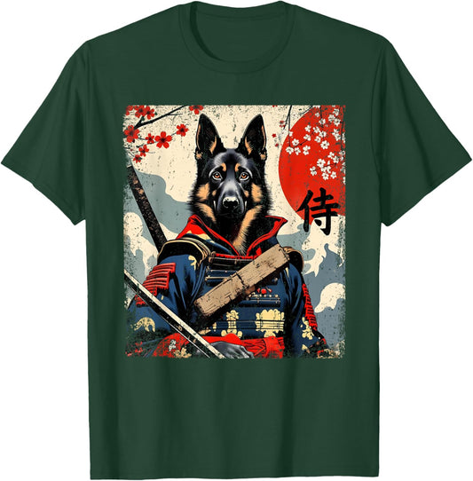Japanese Samurai German Shepherd Kawaii Ukiyo-e Ninja Dog T-Shirt - T-Shirt | Forest