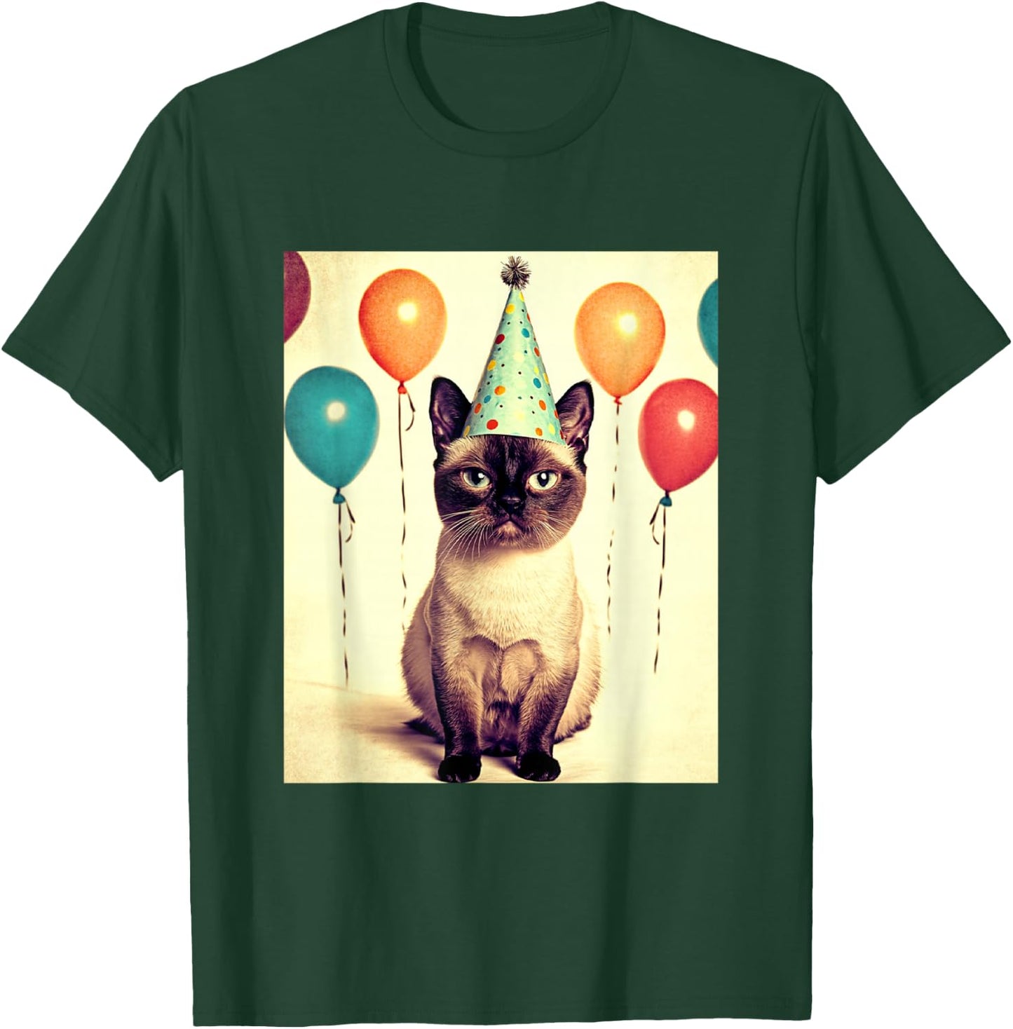 Siamese Cat Retro Art Print Birthday Party Balloons & Hat T-Shirt - T-Shirt | Forest