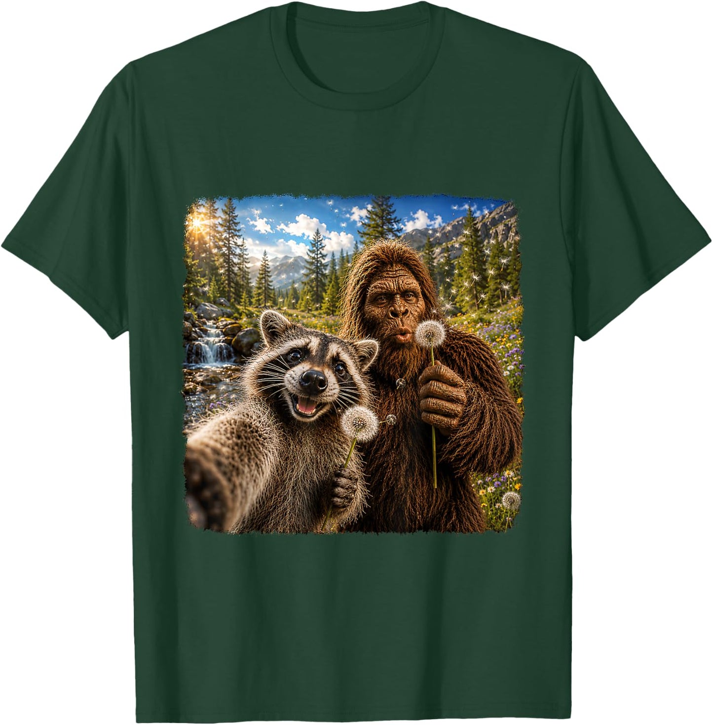 Funny Sasquatch Raccoon Dandelion Nature Lover Graphic T-Shirt - T-Shirt | Forest