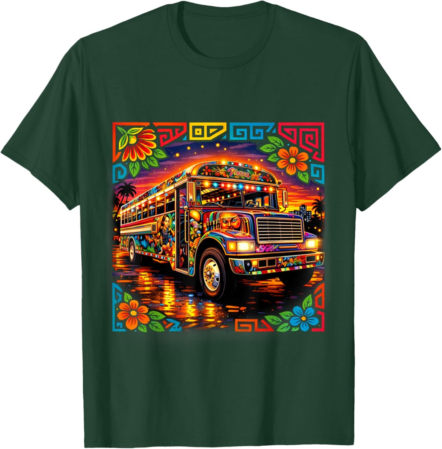 Diablo Rojo Bus Inspired by Mola Art Panama Cultural Design T-Shirt - T-Shirt | Forest