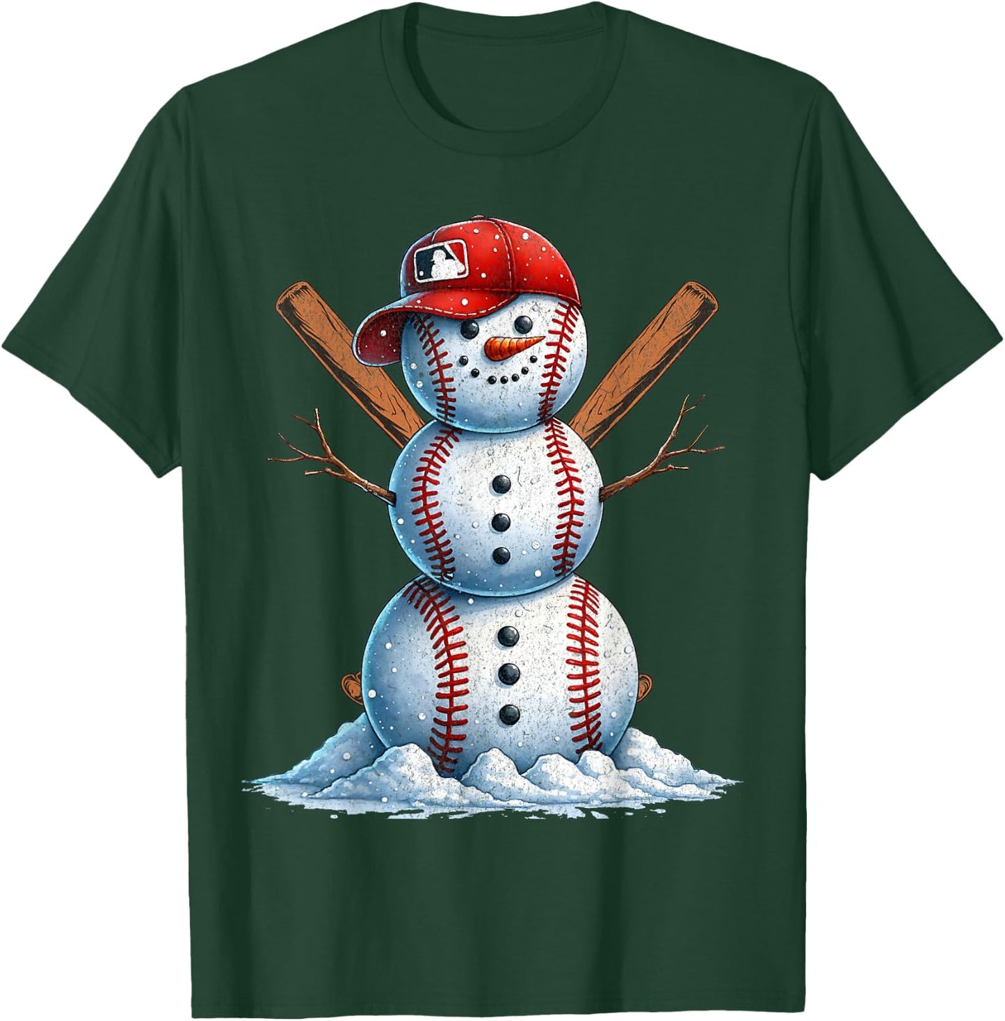 Baseball Snowman Balls Snow Christmas Xmas Men Women Player T-Shirt - T-Shirt | Forest