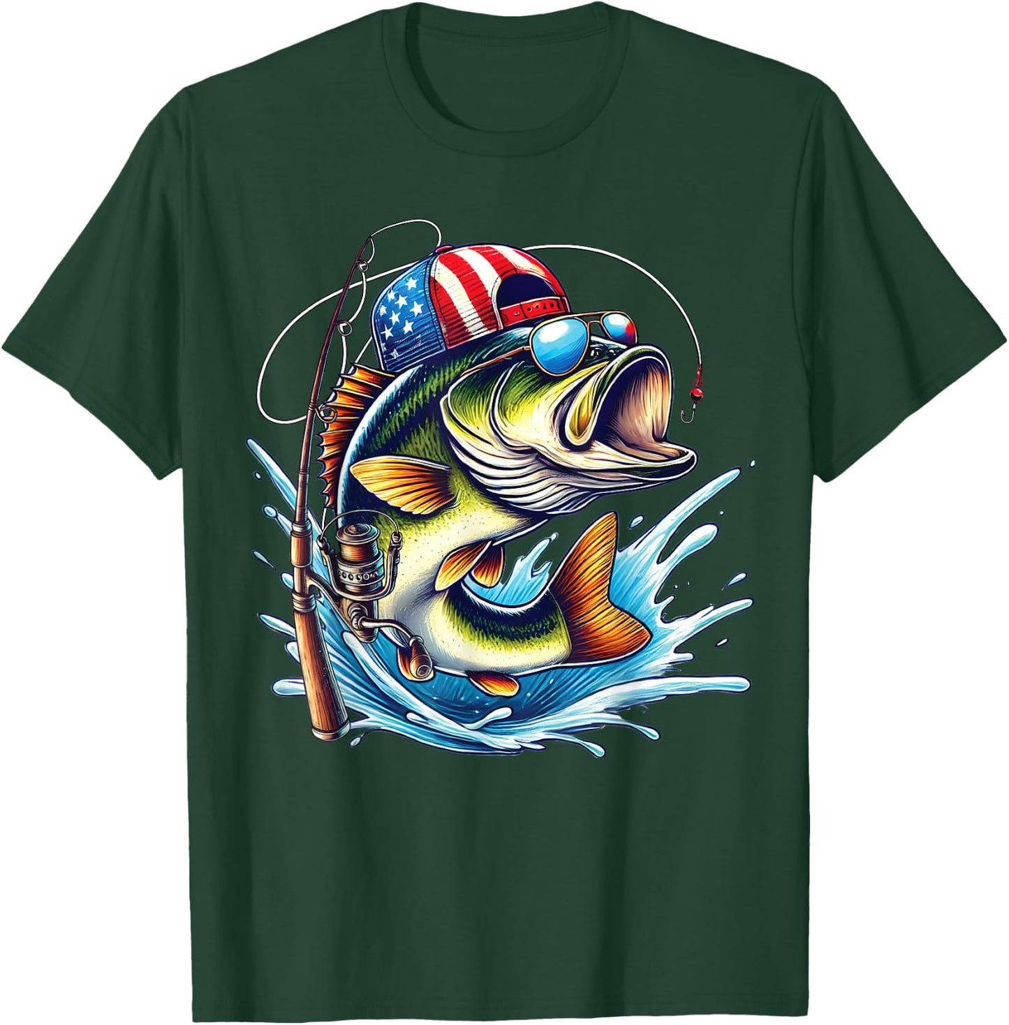 American Flag Fishing Lovers Fisherman Funny Fishing USA T-Shirt - T-Shirt | Forest