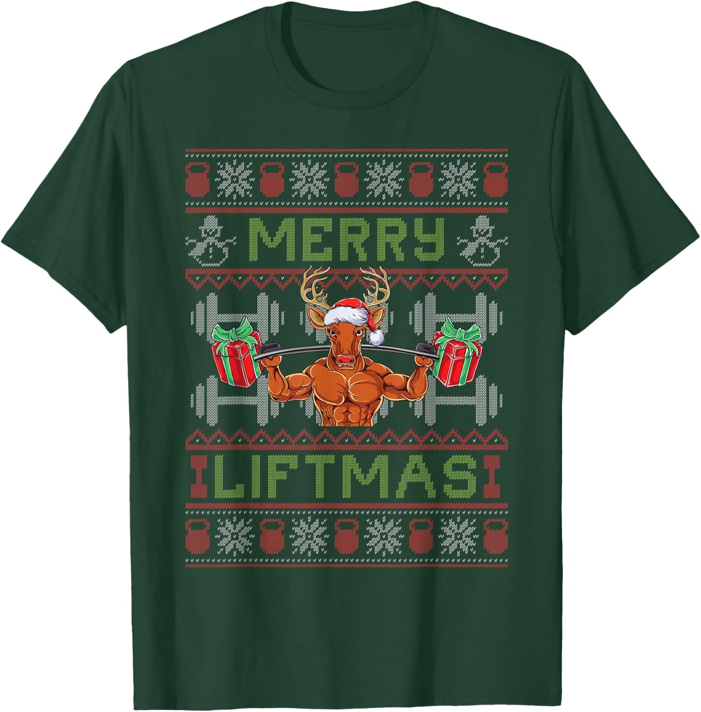 Merry Liftmas - Fitness Reindeer Santa Christmas Bodybuilder T-Shirt - T-Shirt | Forest