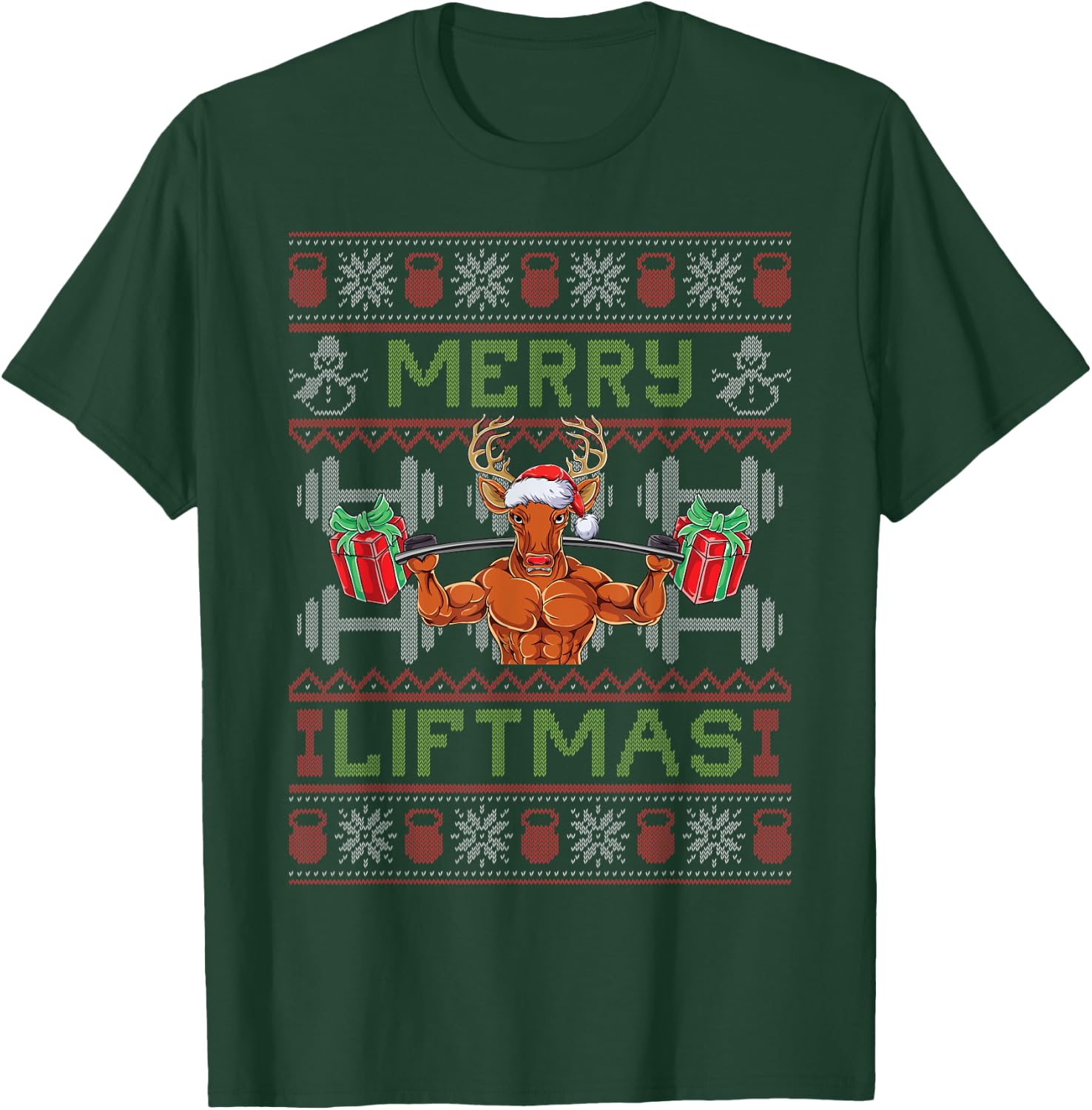 Merry Liftmas - Fitness Reindeer Santa Christmas Bodybuilder T-Shirt - T-Shirt | Forest