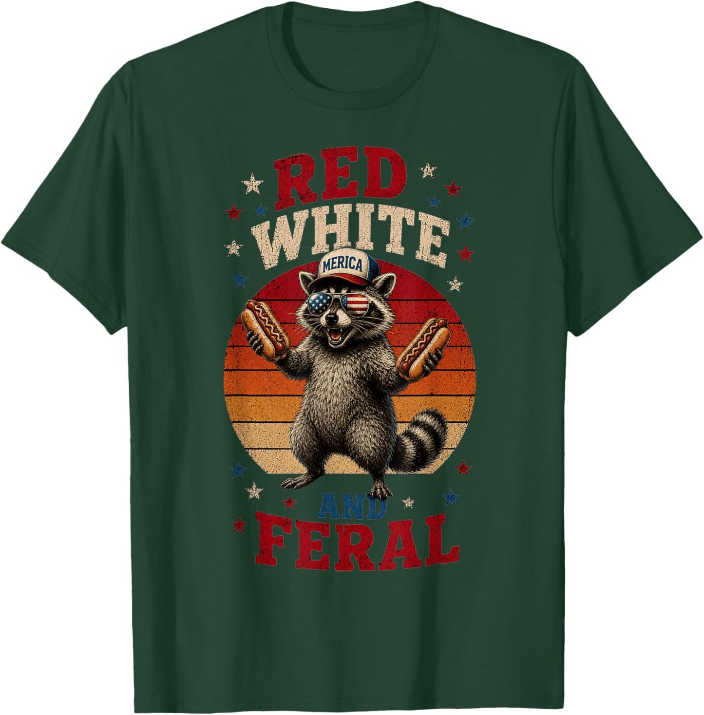Preppy Red White and Feral Raccoon 4th of July Men Women Kid T-Shirt - T-Shirt | Forest