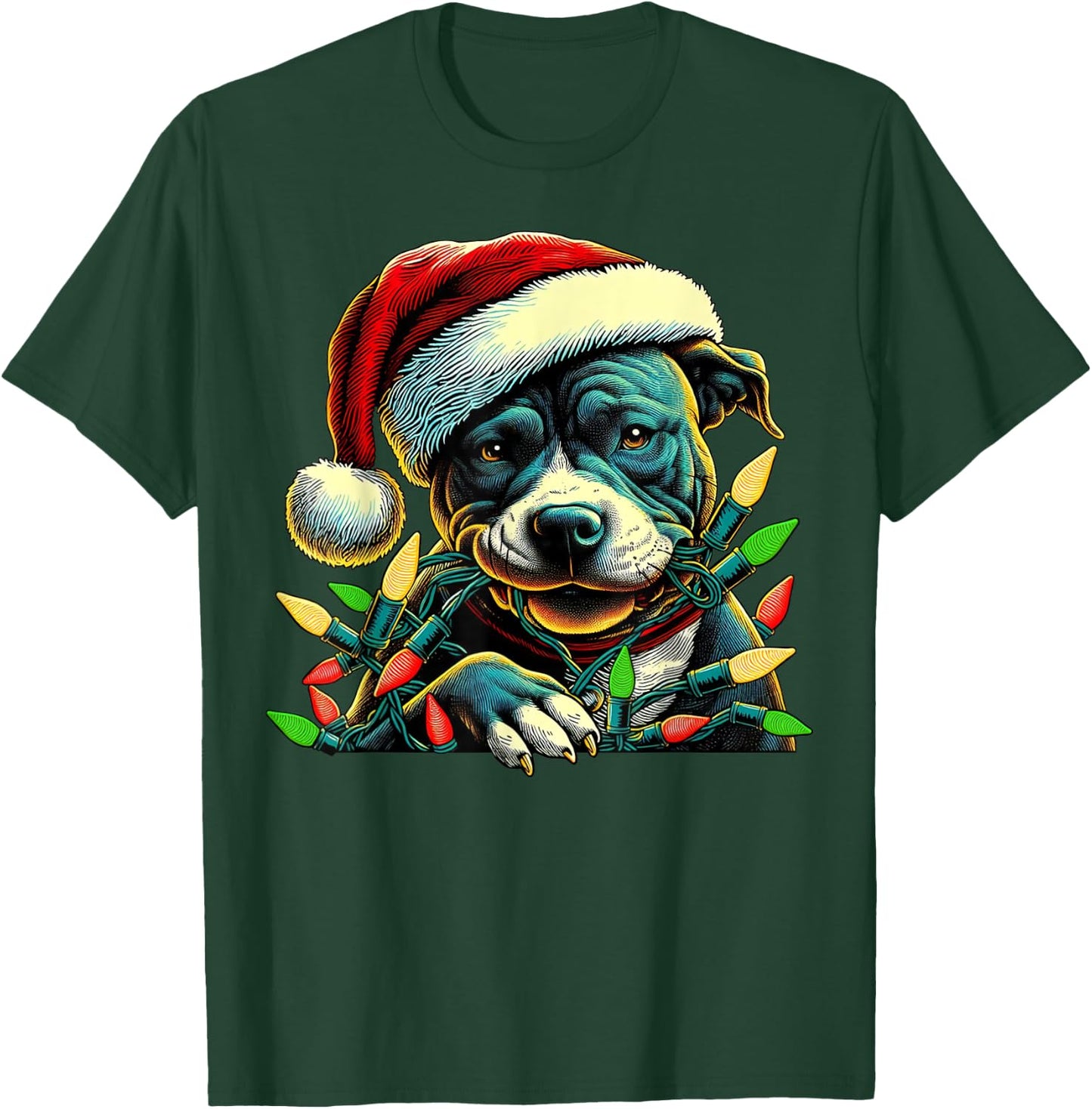 Pit Bull Chew Christmas Light Pitbull Xmas Funny Holiday T-Shirt - T-Shirt | Forest