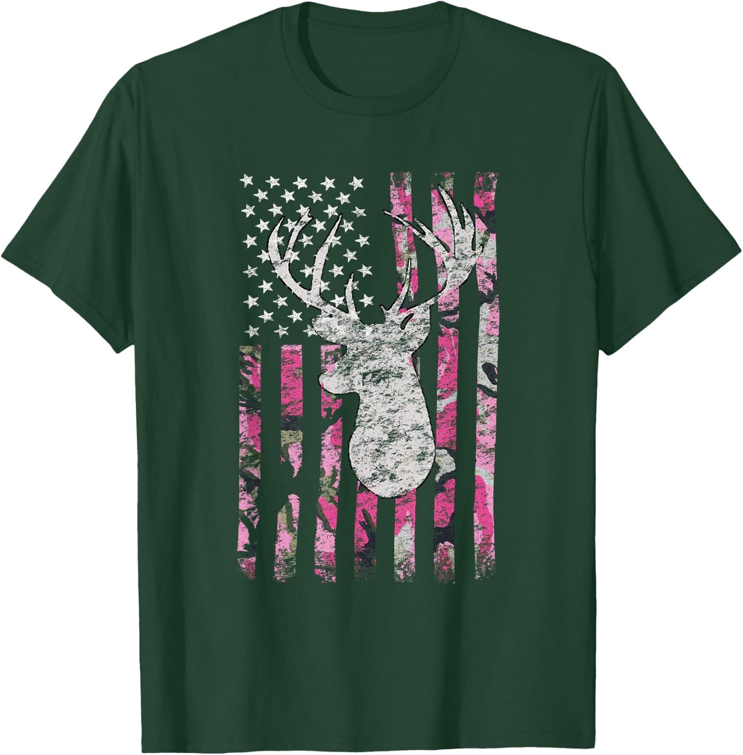 Deer Hunting Camo American Flag Pink Buck T-Shirt - T-Shirt | Forest