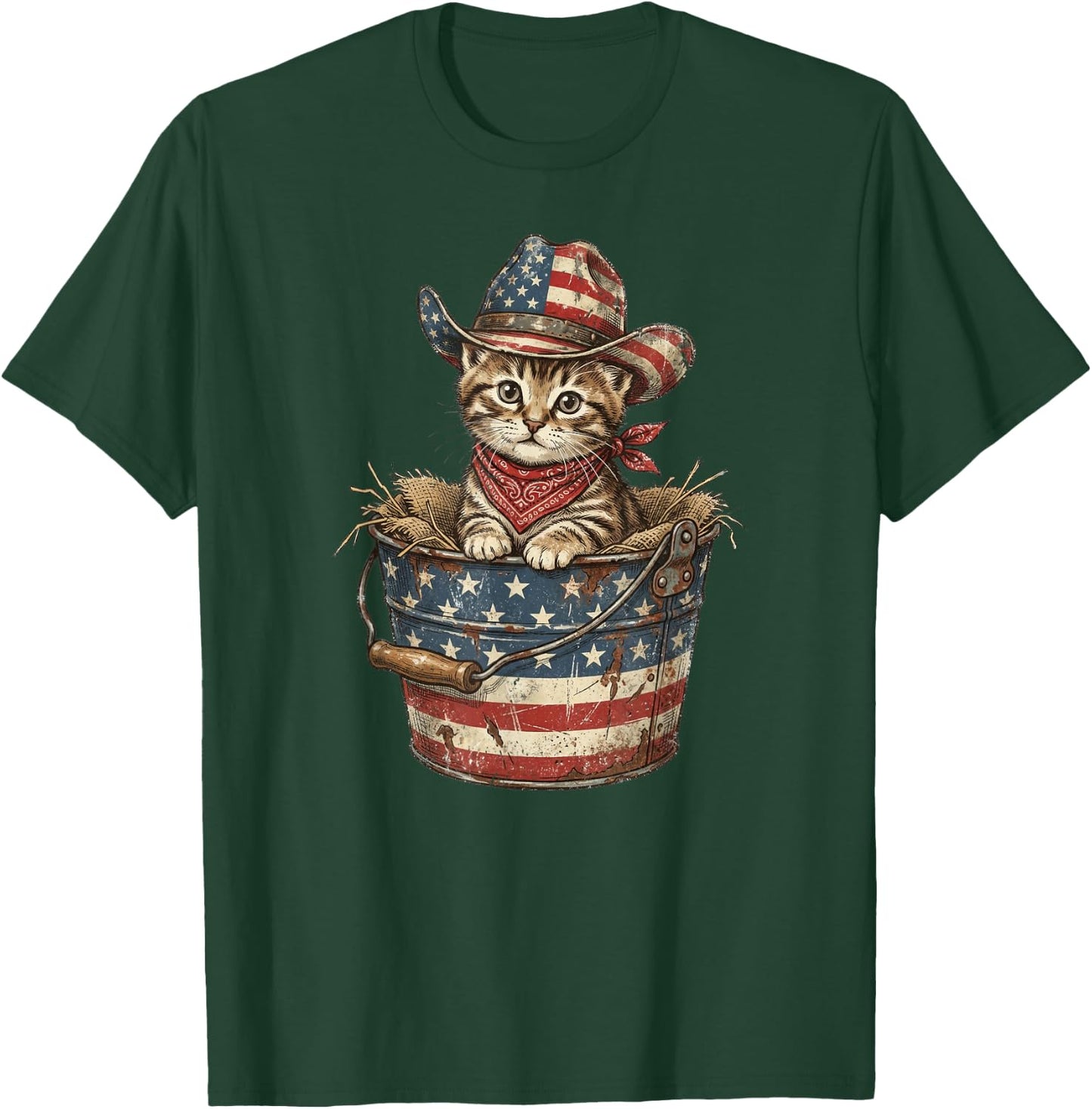 Vintage Cowboy Cat American Flag 4th of July T-Shirt - T-Shirt | Forest