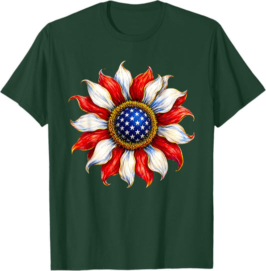 Sunflower USA American Flag 4th of July Patriotic Women Men T-Shirt - T-Shirt | Forest