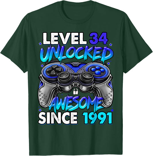 Level 34 Unlocked Awesome Since 1991 34th Birthday Gaming T-Shirt - T-Shirt | Forest