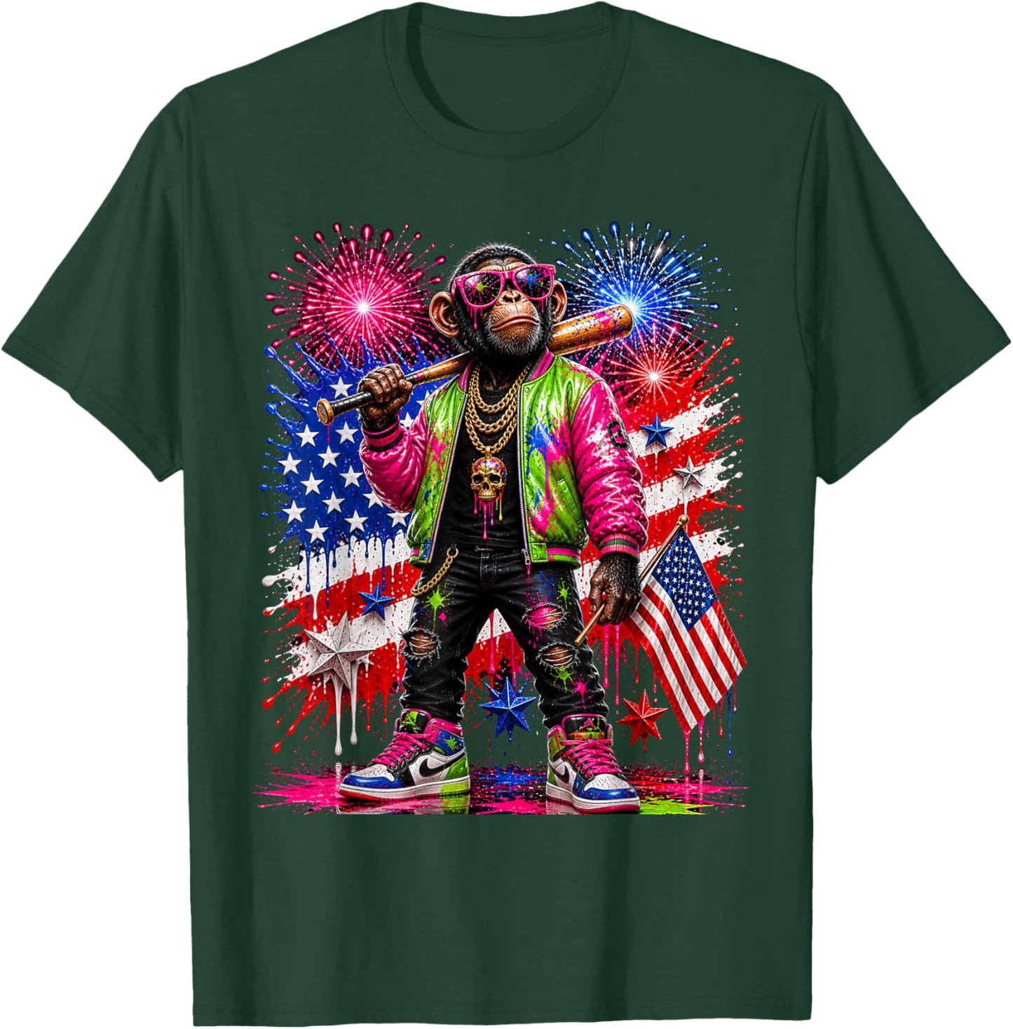 Monkey Baseball Drip Funny 4th of July Animal Graphic USA T-Shirt - T-Shirt | Forest