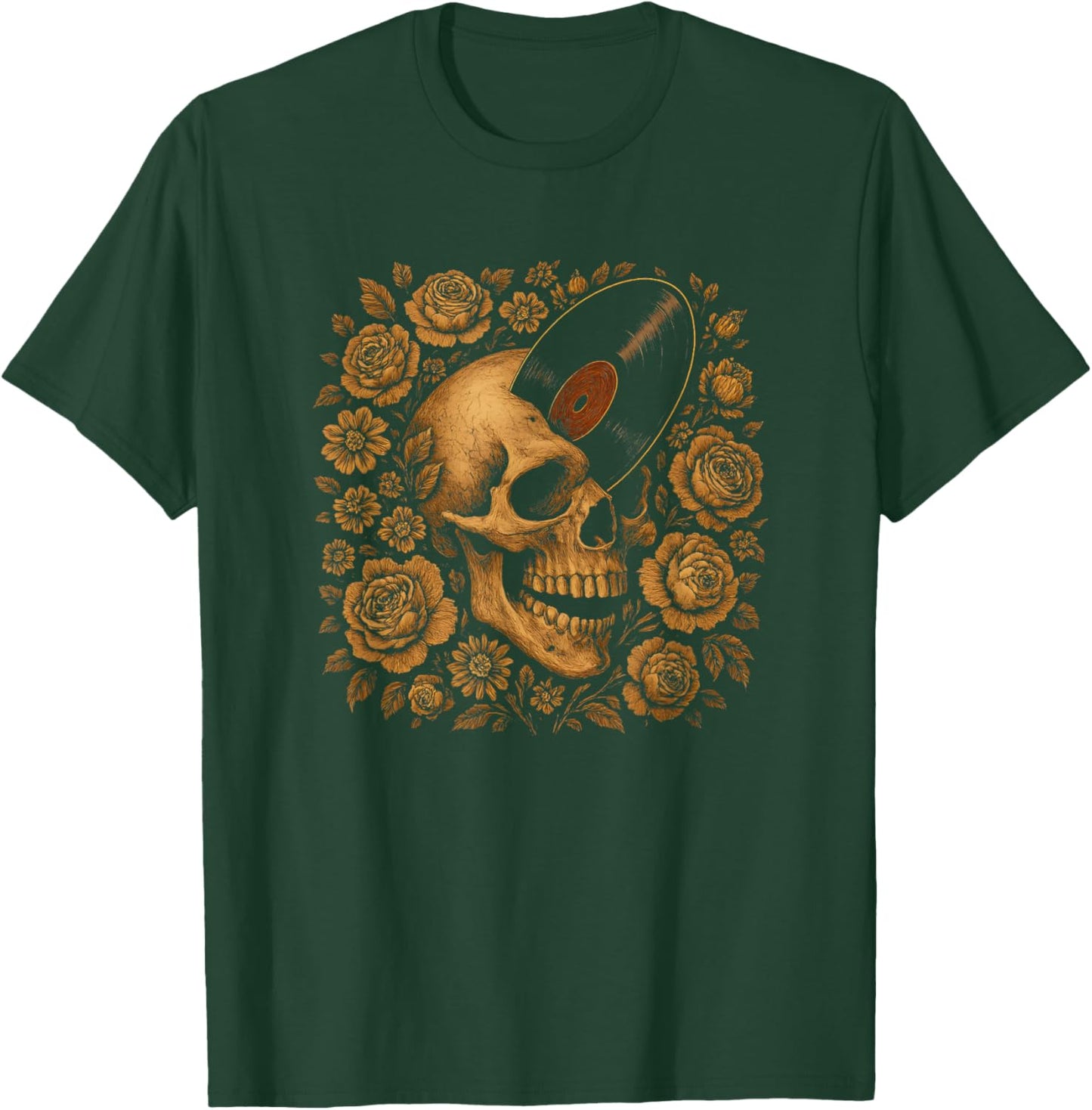Skull with Vinyl Record – Rococo Baroque Floral Gothic Music T-Shirt - T-Shirt | Forest