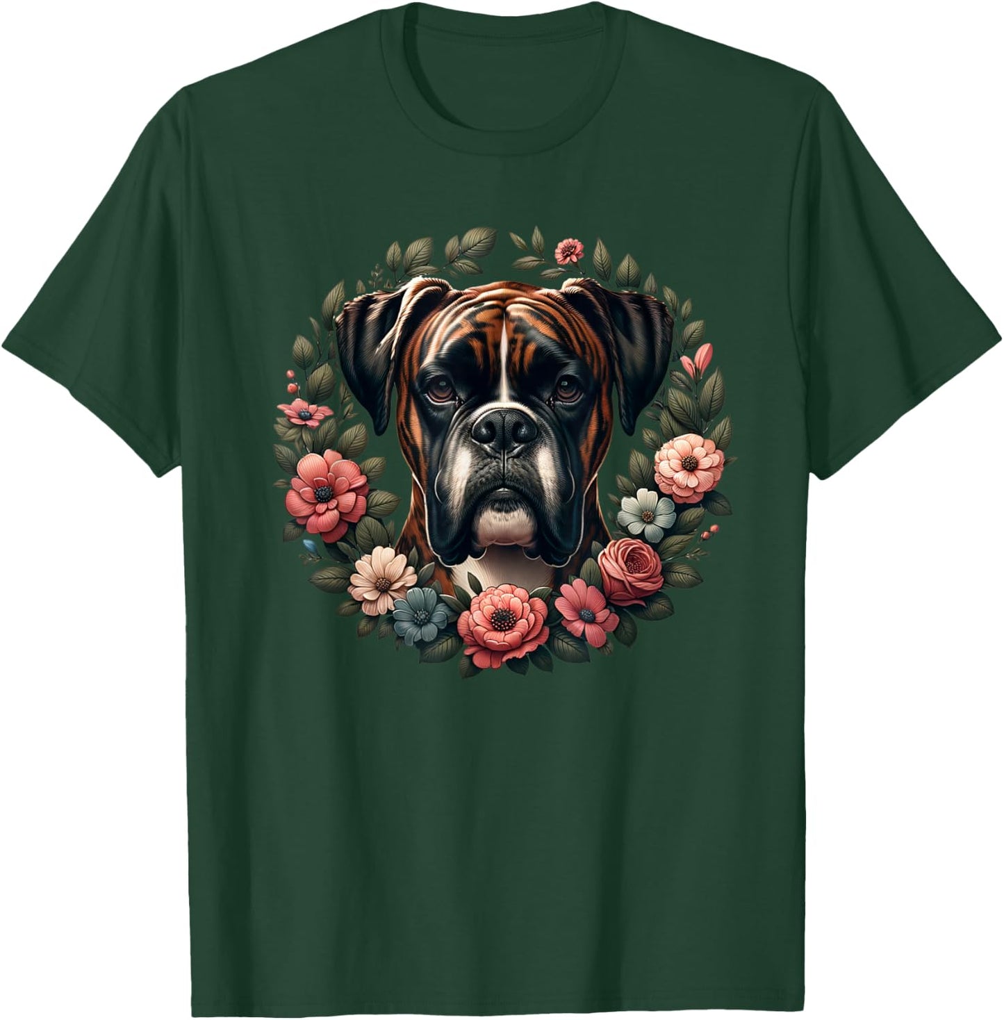 Adults & Kids Retro Floral Wreath Boxer Dog Lover - Black, Small, Short Sleeve T-Shirt - T-Shirt | Forest