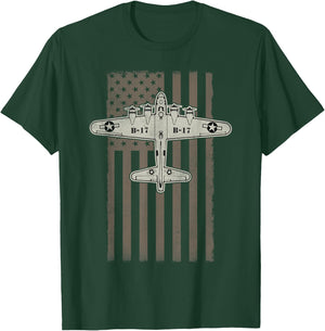B17 Bomber WW2 Plane Aircraft USA Flag Veteran Pilot Gift T-Shirt - T-Shirt | Forest