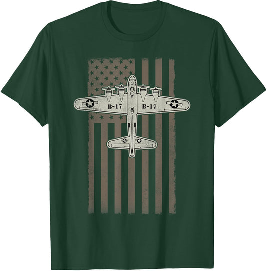 B17 Bomber WW2 Plane Aircraft USA Flag Veteran Pilot Gift T-Shirt - T-Shirt | Forest