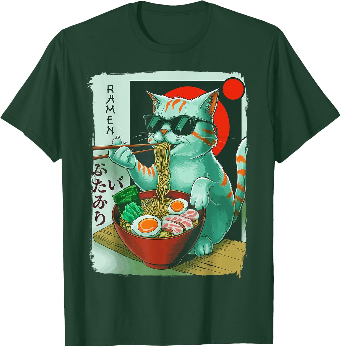 Funny Cat Eating Ramen Graphic Japanese Kawaii Otaku Anime T-Shirt - T-Shirt | Forest