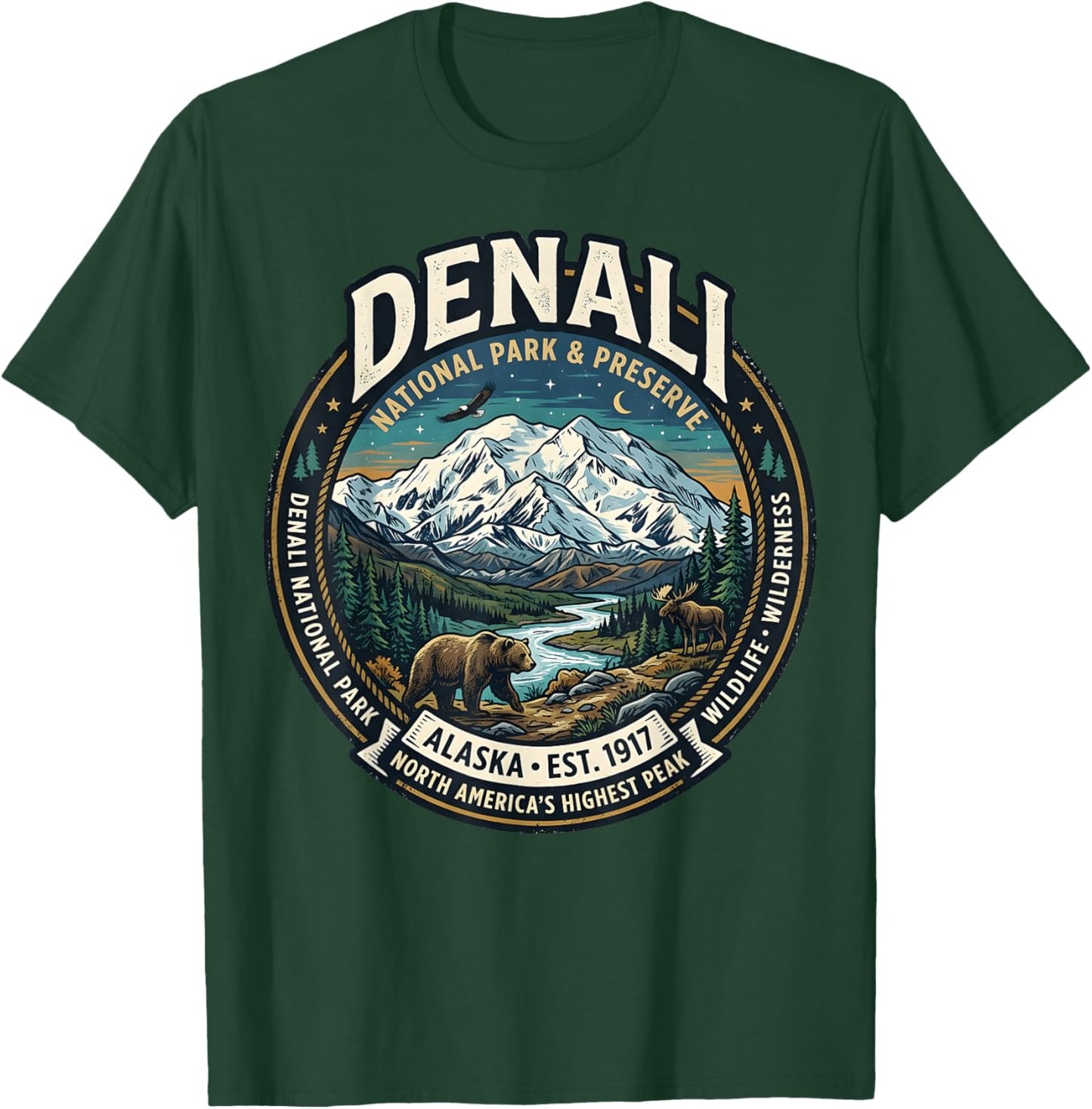Denali National Park Alaska Mountain Wildlife Vintage Badge T-Shirt - T-Shirt | Forest