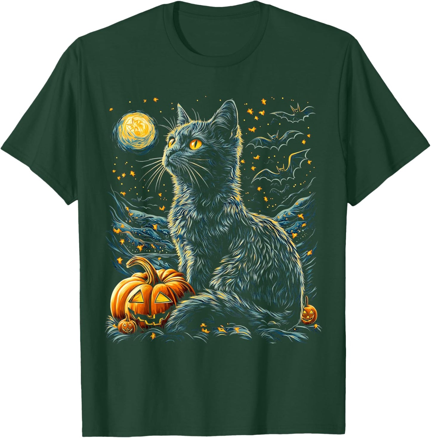 Halloween Van Gogh Starry Night Black Cat Pumpkins Bats T-Shirt - T-Shirt | Forest