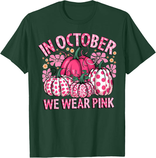 In October We Wear Pink Pumpkin Breast Cancer Halloween T-Shirt - T-Shirt | Forest