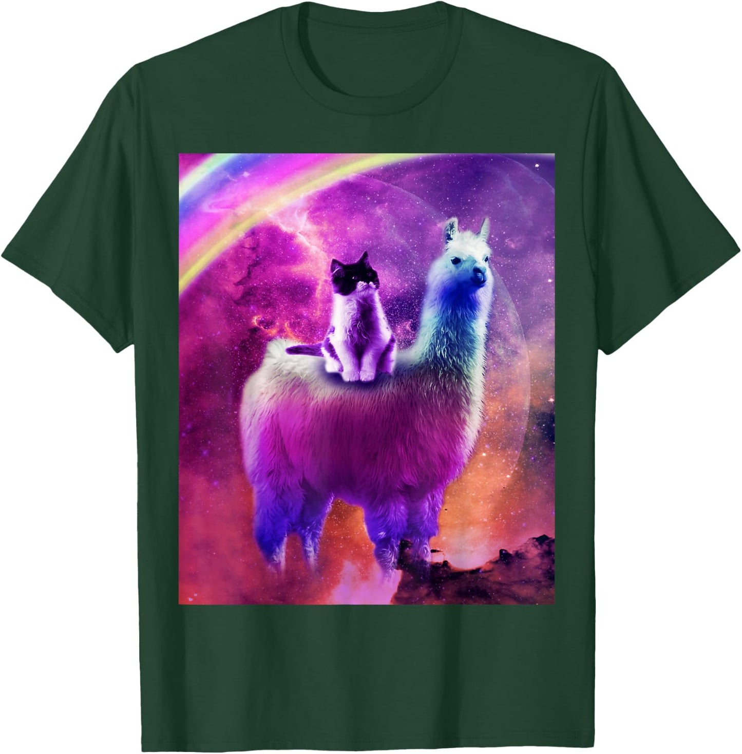 Kitty Cat Riding On Rainbow Llama In Space T-Shirt - T-Shirt | Forest