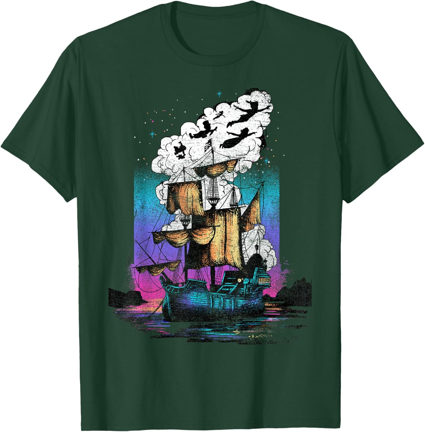 Disney Peter Pan Pirate Ship Flight Neon Graphic T-Shirt - T-Shirt | Forest