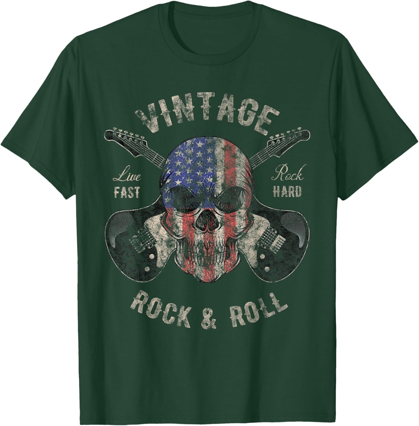 American Flag Guitar Vintage Rock and Roll Skull Guitarist T-Shirt - T-Shirt | Forest