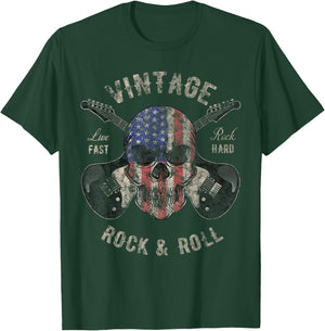 American Flag Guitar Vintage Rock and Roll Skull Guitarist T-Shirt - T-Shirt | Forest
