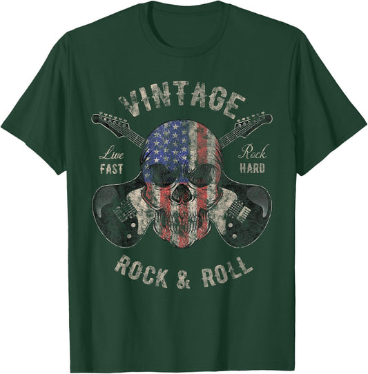 American Flag Guitar Vintage Rock and Roll Skull Guitarist T-Shirt - T-Shirt | Forest