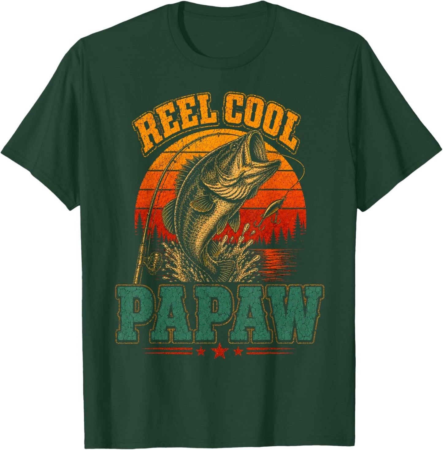 Reel Cool Papaw Vintage Fishing Retro Sunset Father's Day T-Shirt - T-Shirt | Forest