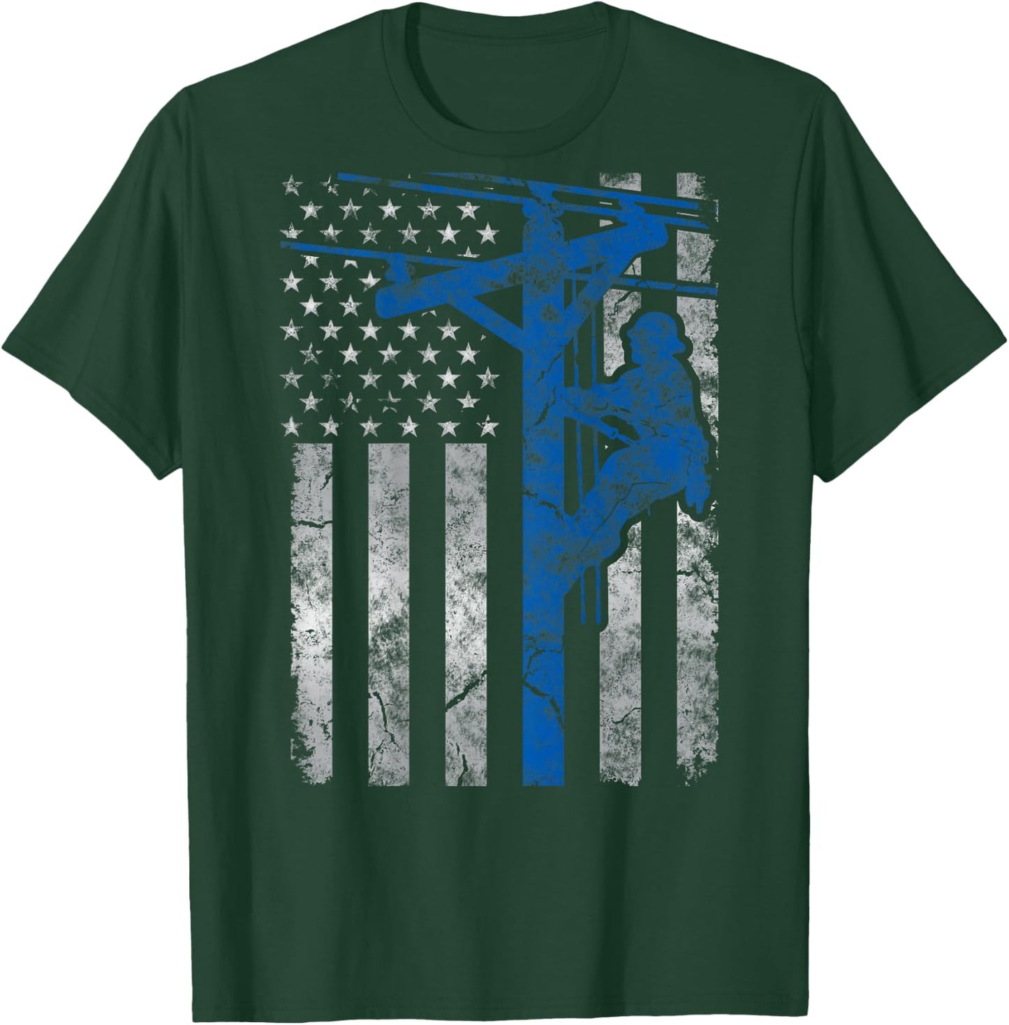 Distressed Patriotic Thin Blue Line Lineman American Flag T-Shirt - T-Shirt | Forest