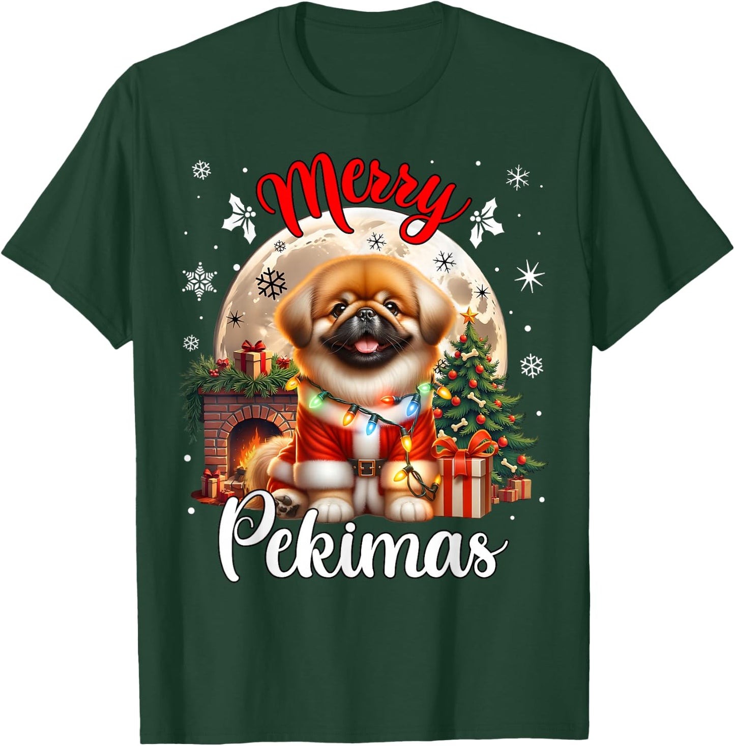 Merry Christmas Pekingese & Women -Adults Black Small Cartoon Humor Modern Round Collar Straight Short Sleeve T-Shirt - T-Shirt | Forest