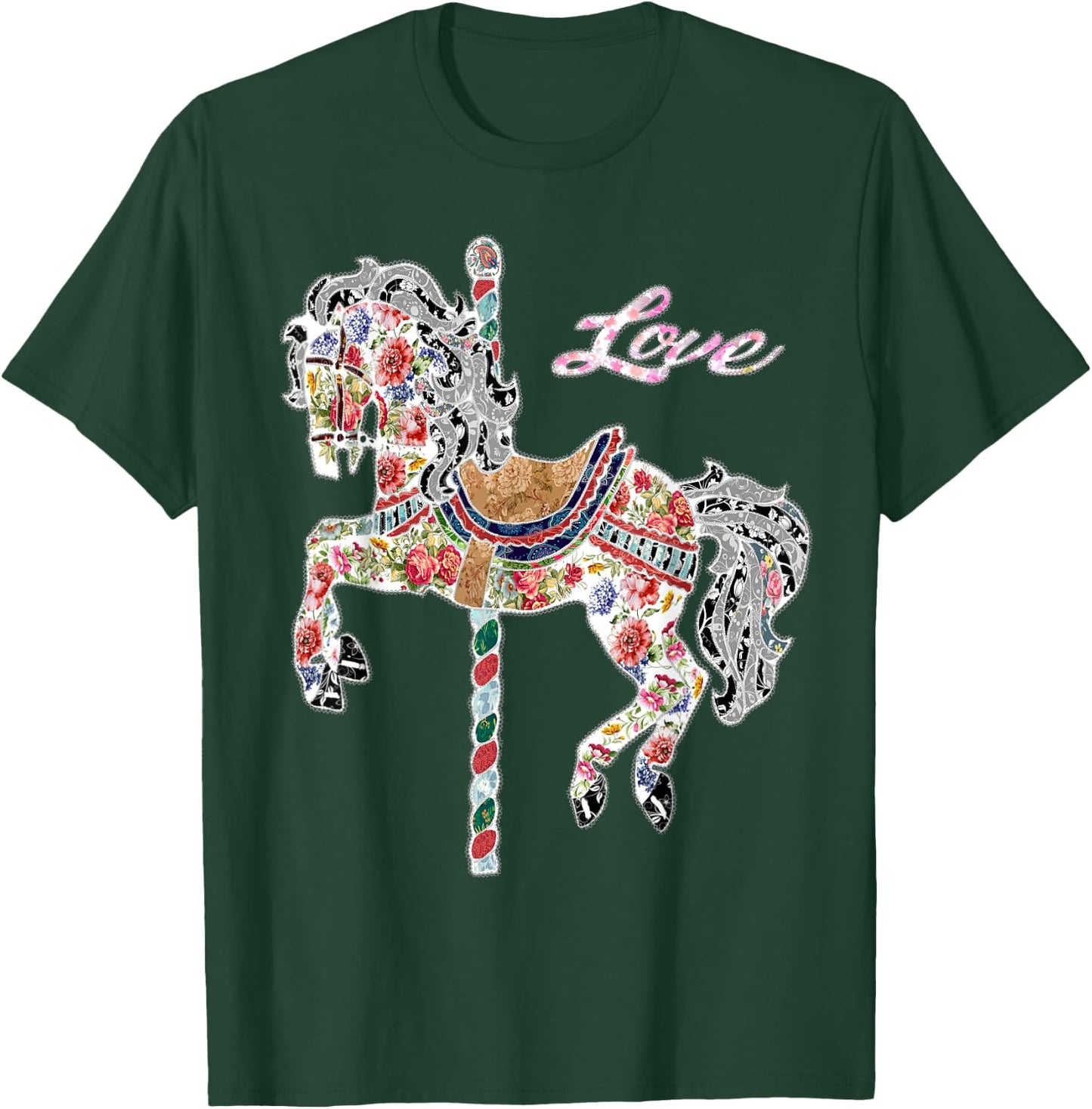 Carousel horse vintage illustration quilting style shirt. T-Shirt - T-Shirt | Forest
