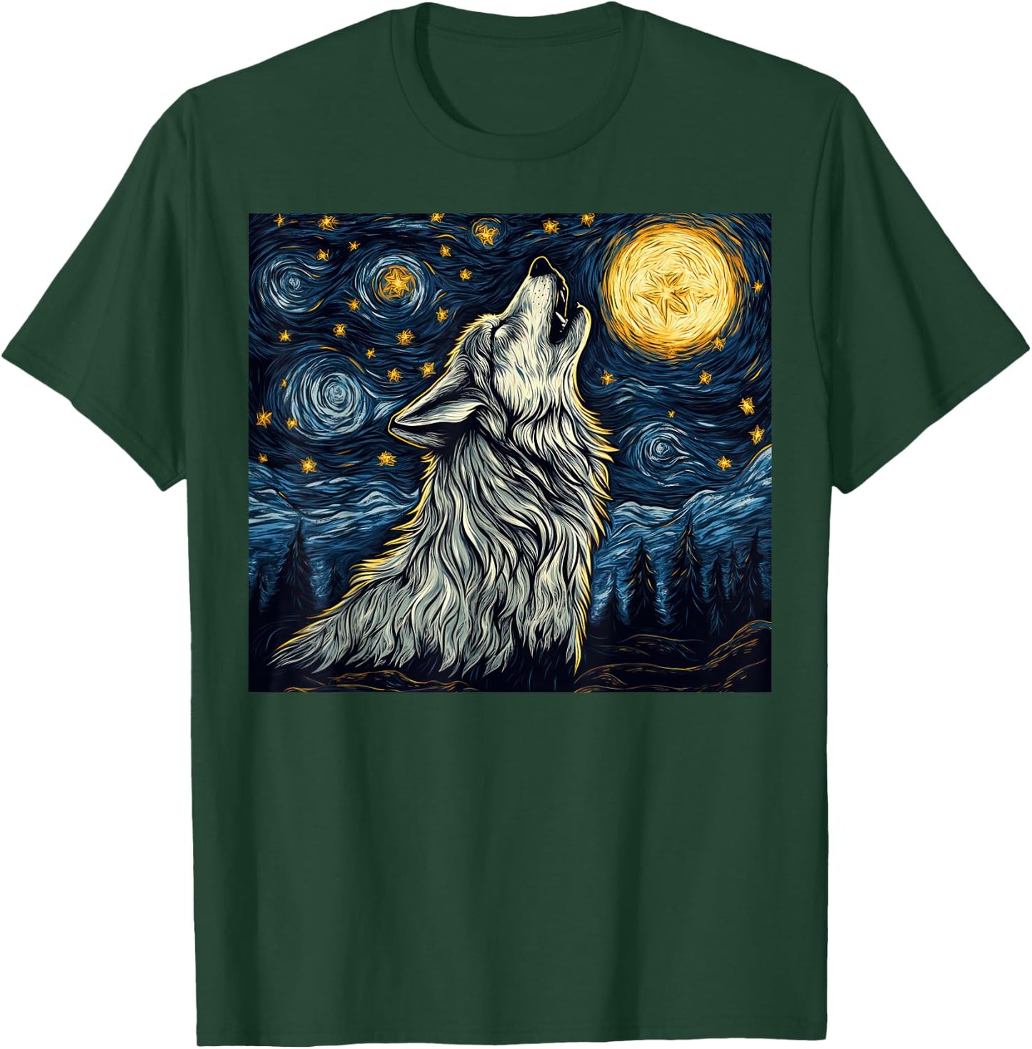 Wolf Starry Night Howling Moon Funny Van Gogh Graphic T-Shirt - T-Shirt | Forest