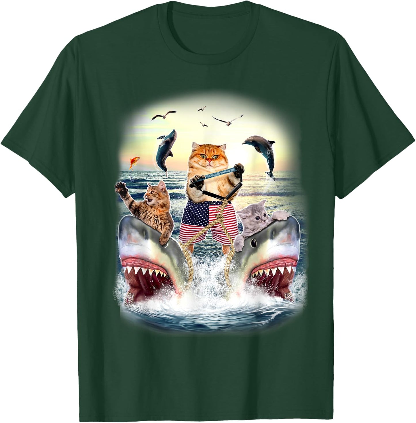 Cat Waterski With Sharks Sunset T-Shirt - T-Shirt | Forest