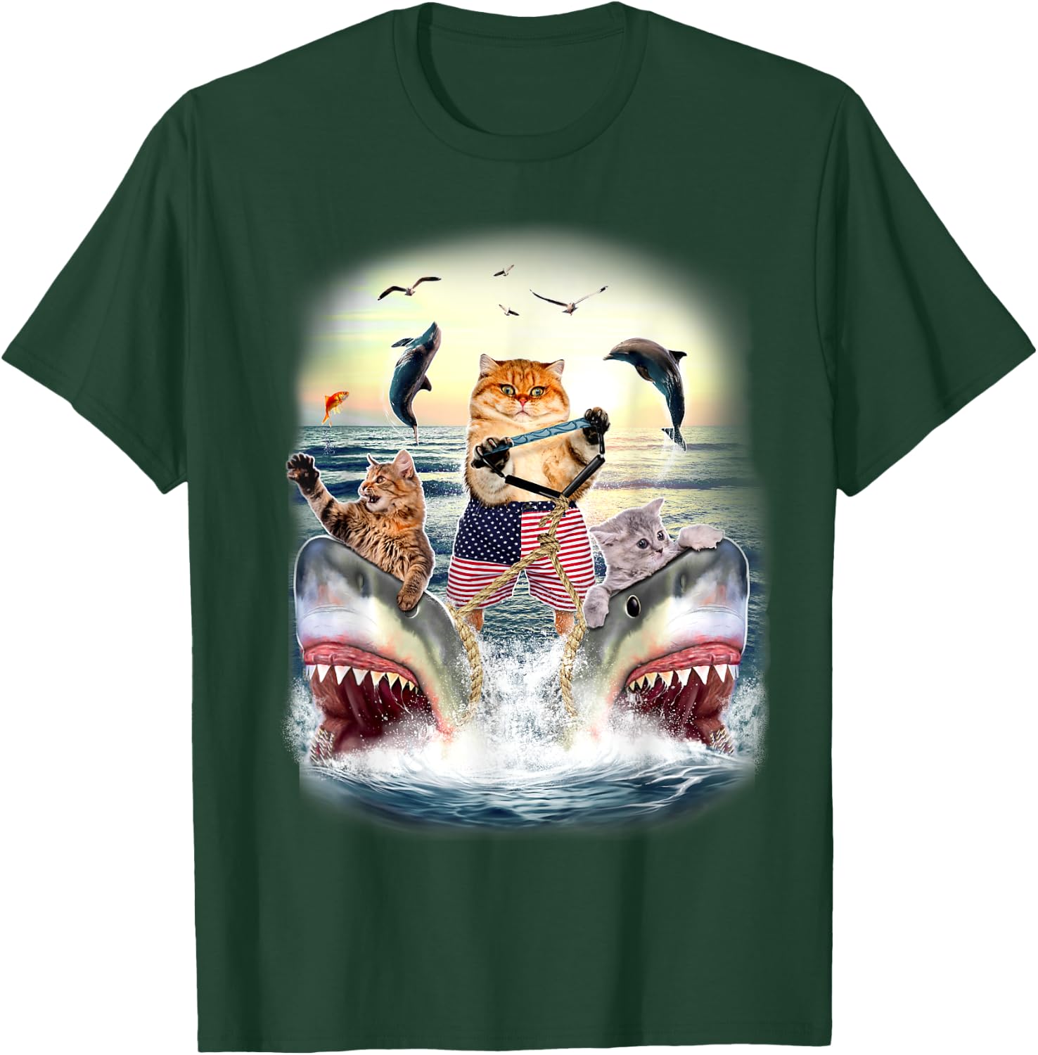 Cat Waterski With Sharks Sunset T-Shirt - T-Shirt | Forest
