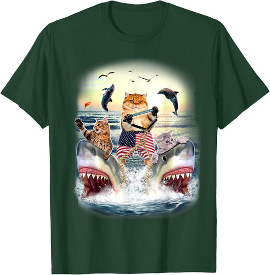 Cat Waterski With Sharks Sunset T-Shirt - T-Shirt | Forest