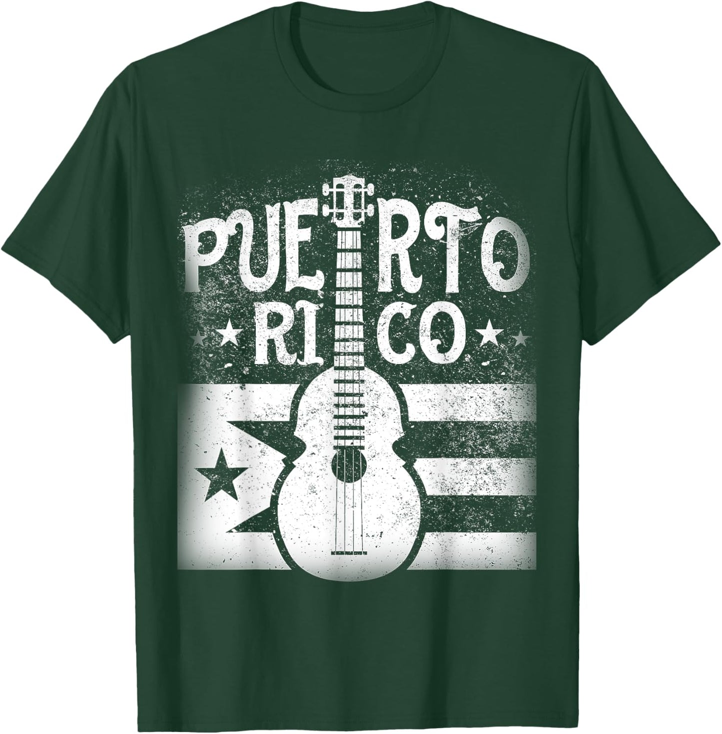 Puerto Rican | Cuatro Guitar Puerto Rico Flag T Shirt T-Shirt - T-Shirt | Forest