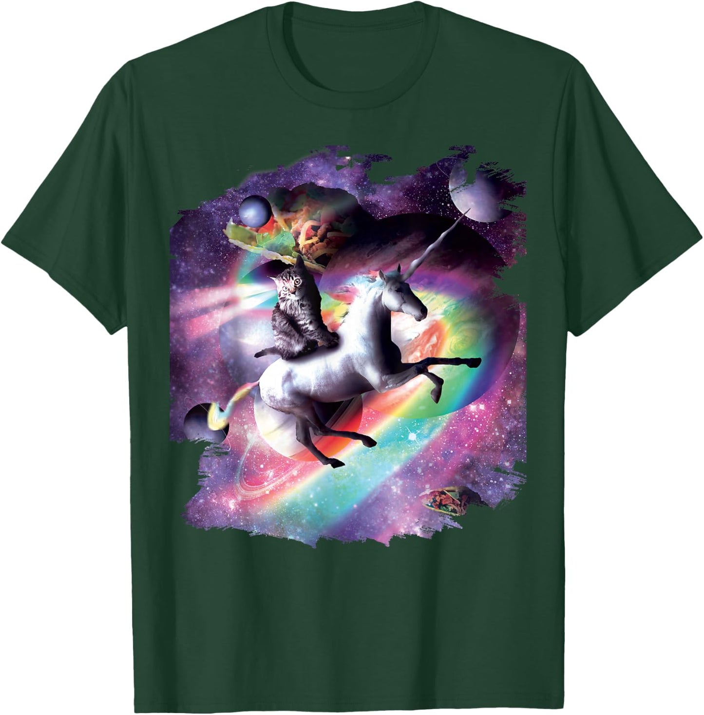 Space Cat Riding Unicorn - Laser, Tacos and Rainbow T-Shirt - T-Shirt | Forest