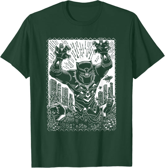 Marvel Black Panther Linocut Black T-Shirt - T-Shirt | Forest