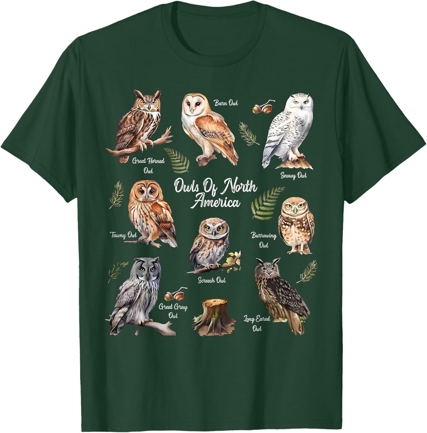 Owl Types North American Bird Of Prey Forest Bird Watcher T-Shirt - T-Shirt | Forest