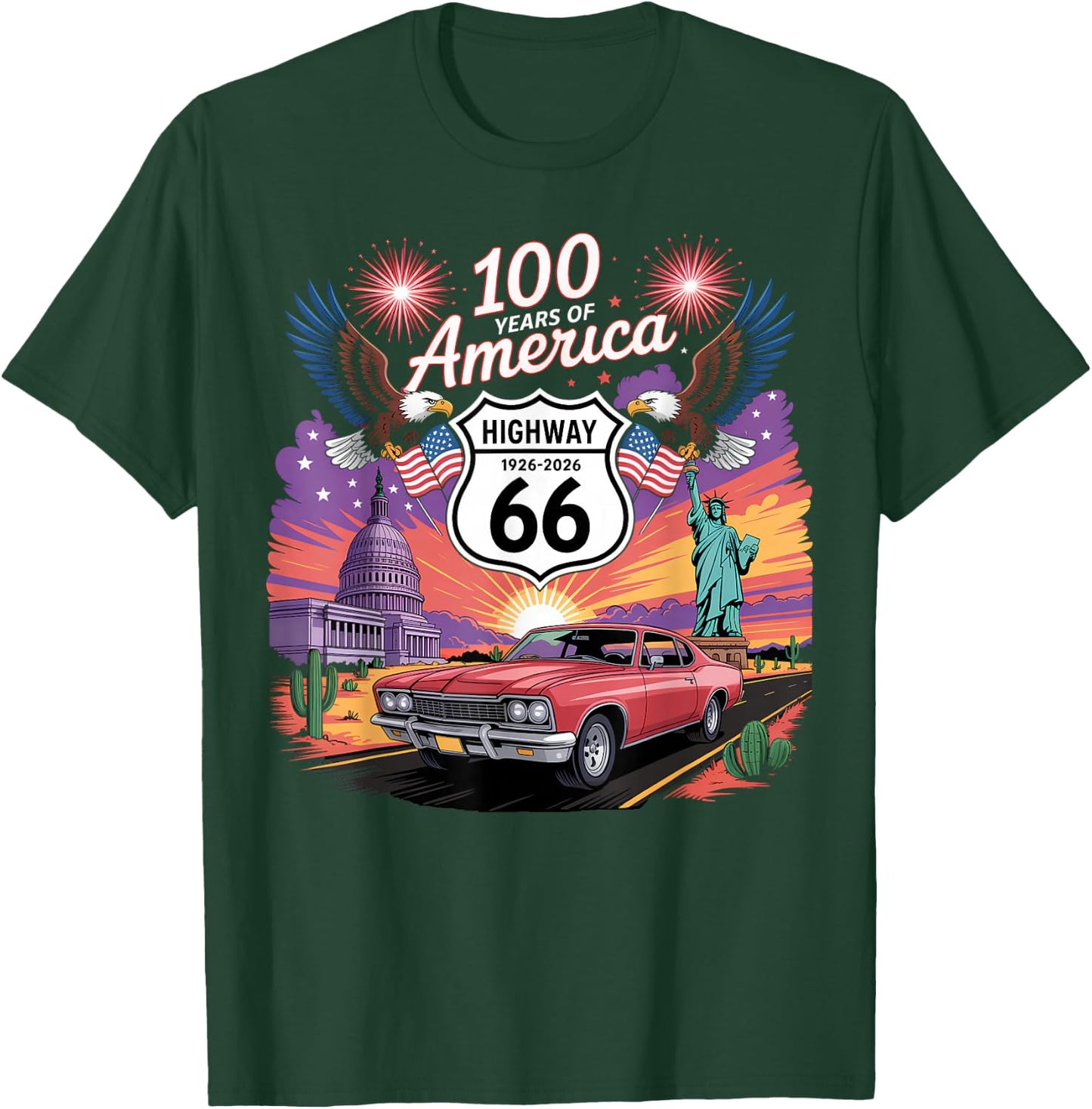 Highway 66 Centennial Car Anniversary 100 Years 1926-2026 T-Shirt - T-Shirt | Forest