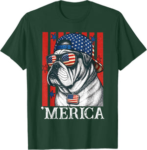 Merica Dog Patriotic English Bulldog American Flag T-Shirt - T-Shirt | Forest